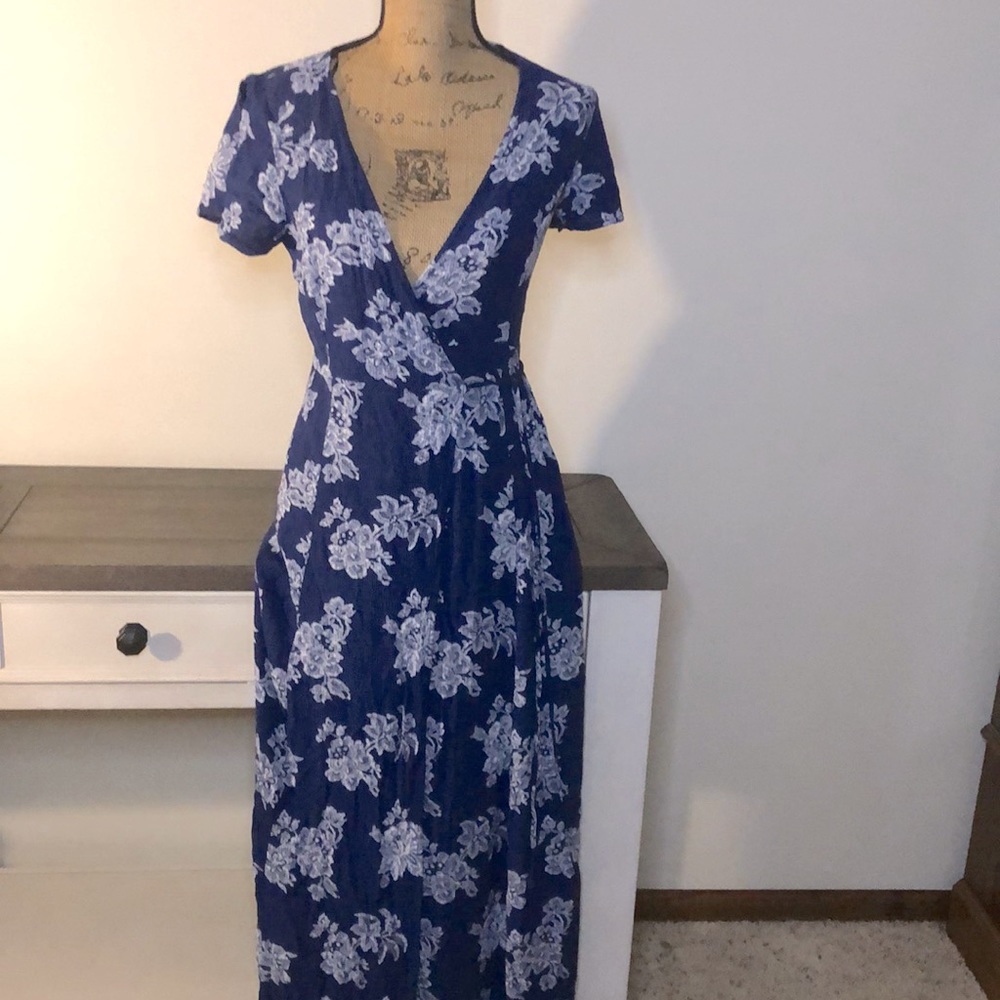 Lulu's Navy Blue Floral Wrap Maxi Dress